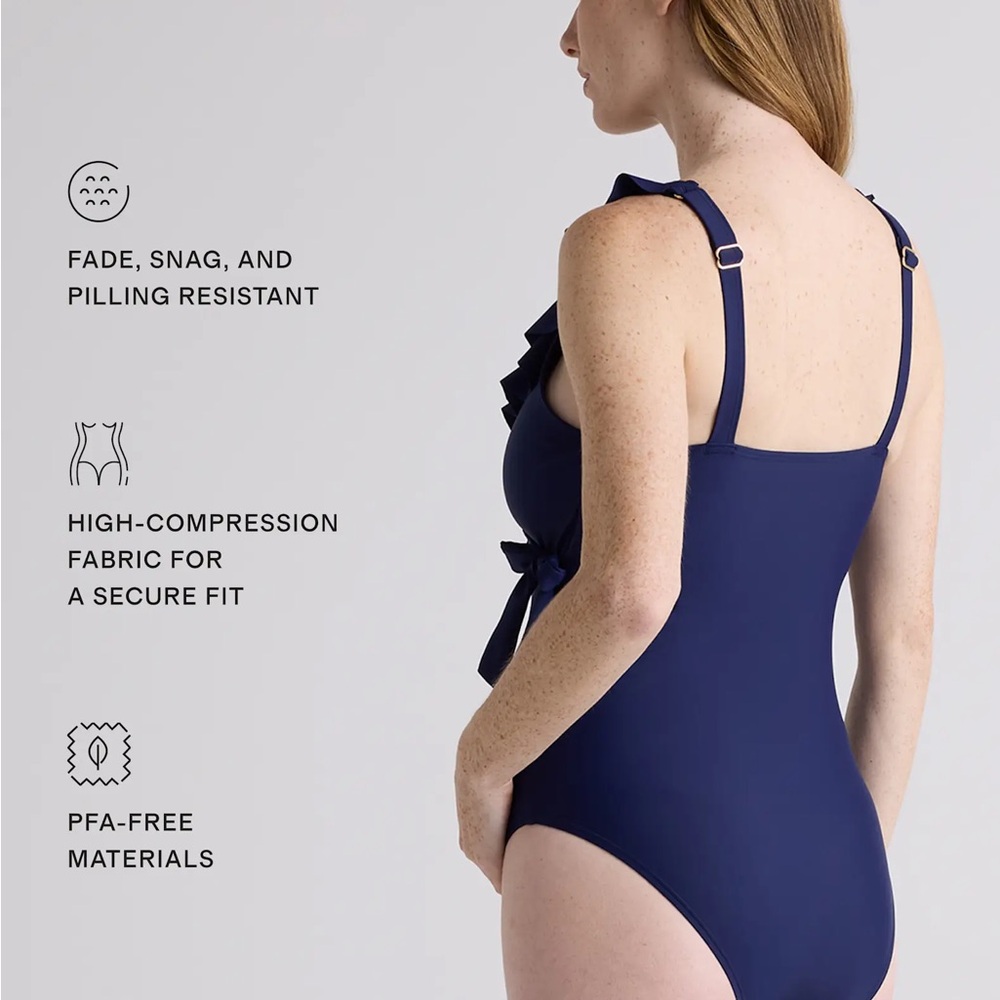 NWT Quince Italian Maternity One-Piece Ruffle Wrap Swimsuit Navy Blue Sz Large - Picture 4 of 11